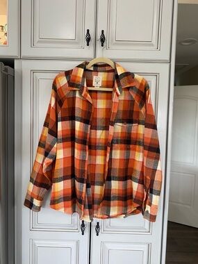 Womens Orange Plaid Button-Up Shirt Jacket